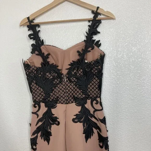 Portia & Scarlett Y2K Dress Small Nude Black Embroidered Fitted Gown Formal - Picture 8 of 13